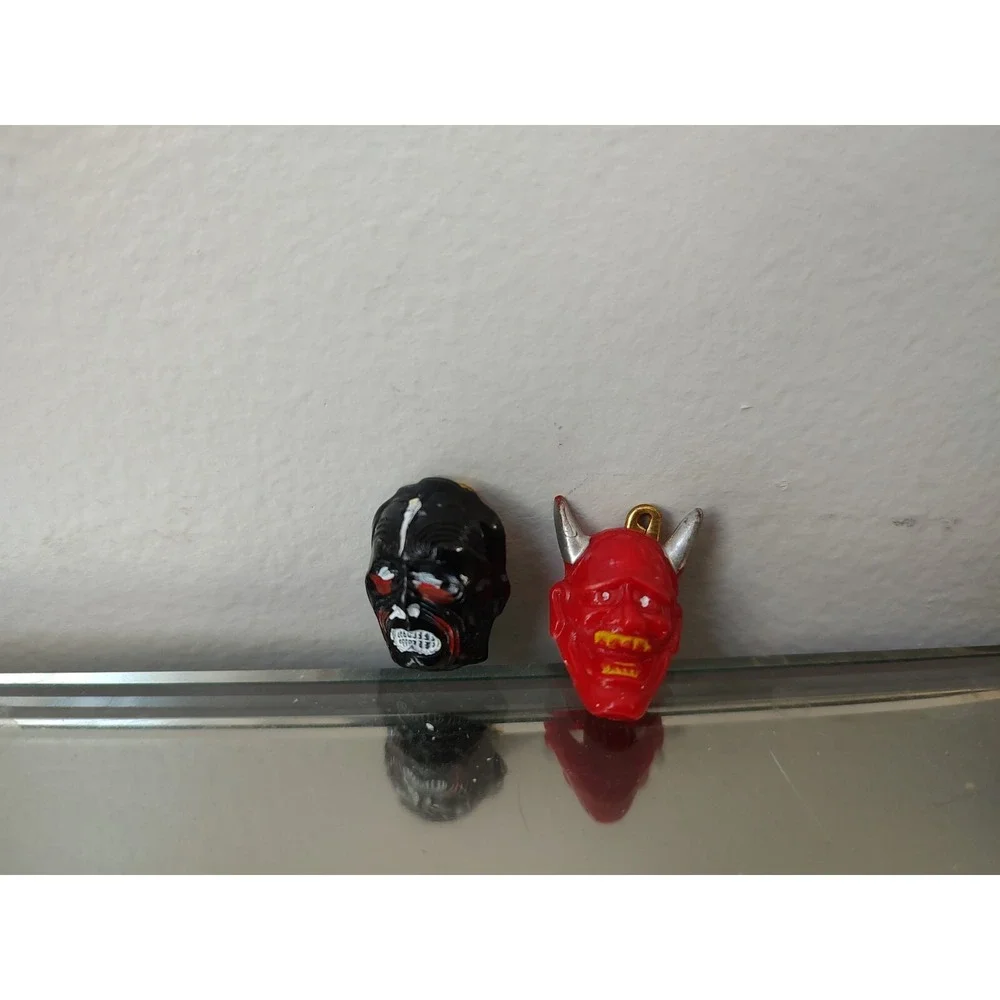 Vintage miniature mini plastic Halloween devil and monster head pin brooch